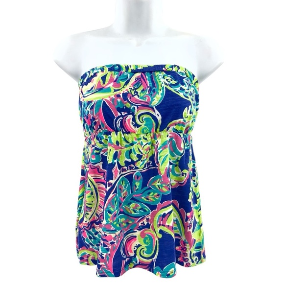 Lilly Pulitzer Val Strapless Top Size S Toucan Play Blue Swirl Babydoll Y2K - Picture 2 of 11